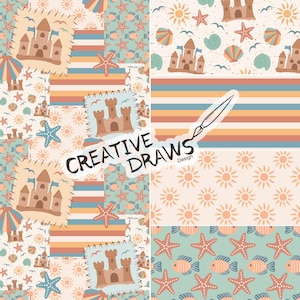 May include: A patchwork design featuring beach-themed patterns. The patterns include sandcastles, starfish, fish, seashells, and suns in a palette of beige, blue, orange, and yellow. The text "CREATIVE DRAWS Design" is also present.
