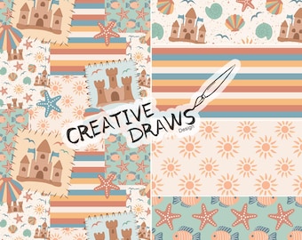 Beach Patchwork Seamless Pattern Pack, Summer Repeat Digital Paper