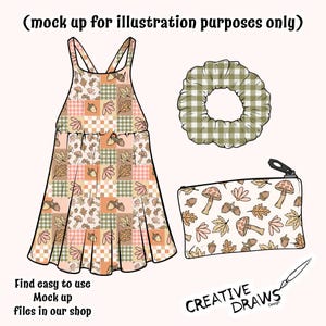 May include: Illustration of a dress, scrunchie, and pouch with a fall theme. The dress features a patchwork design with leaves, acorns, and mushrooms. The scrunchie has a green and white checkered pattern, and the pouch has a zipper and a similar fall-themed pattern.