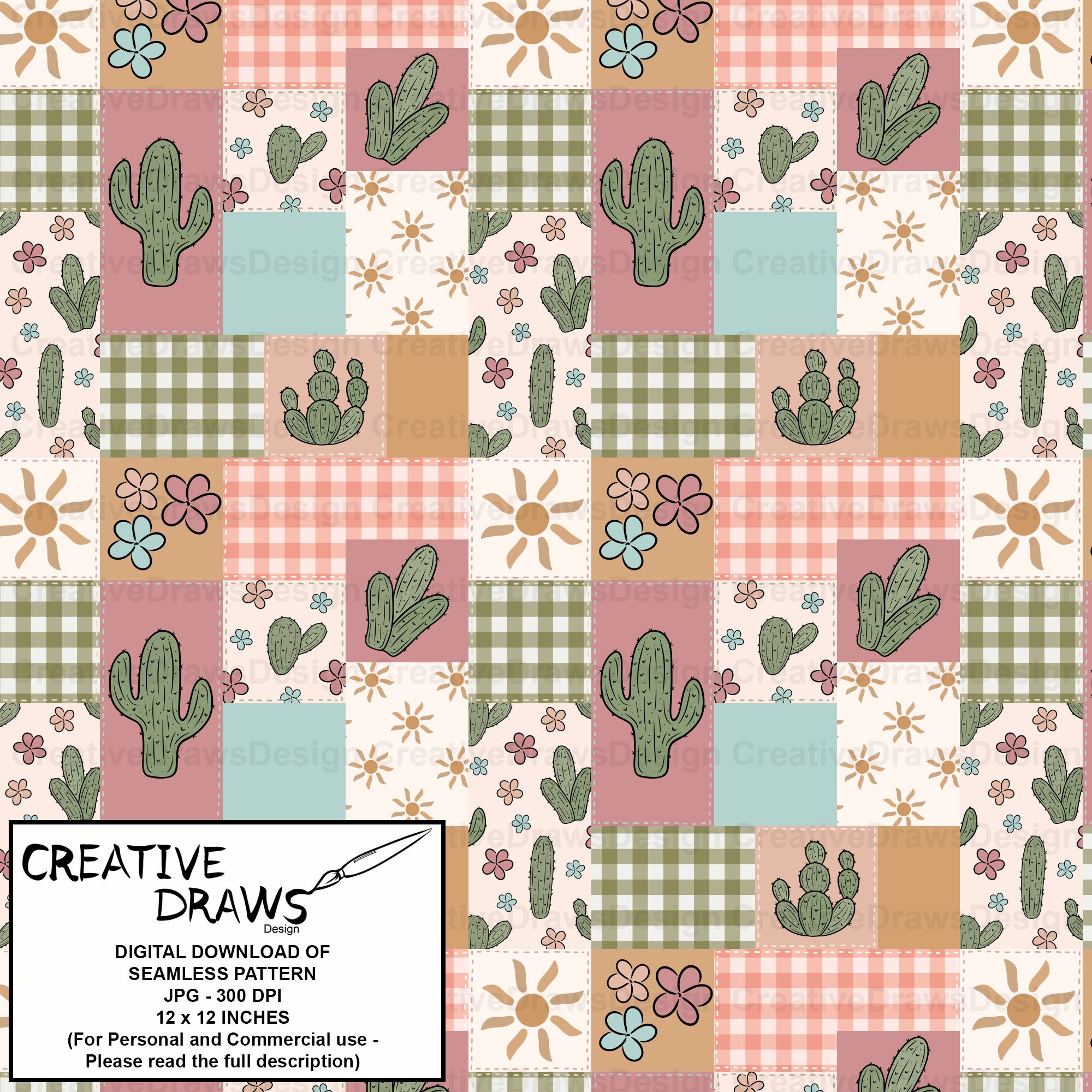 Cactus Patchwork Seamless Pattern, Western Seamless File Digital ...