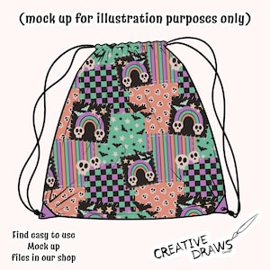 Puede incluir: Bolsa con cord&oacute;n con un dise&ntilde;o de patchwork con calaveras, arco&iacute;ris, murci&eacute;lagos y estrellas en tonos morado, verde azulado y melocot&oacute;n. La bolsa tiene cordones negros.