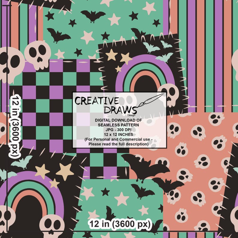 Puede incluir: Dise&ntilde;o de patr&oacute;n digital sin costuras con tem&aacute;tica de Halloween. El dise&ntilde;o incluye calaveras, murci&eacute;lagos, estrellas, arco&iacute;ris y patrones de cuadros en tonos negro, morado, verde y melocot&oacute;n. El patr&oacute;n mide 30,48 cm x 30,48 cm.