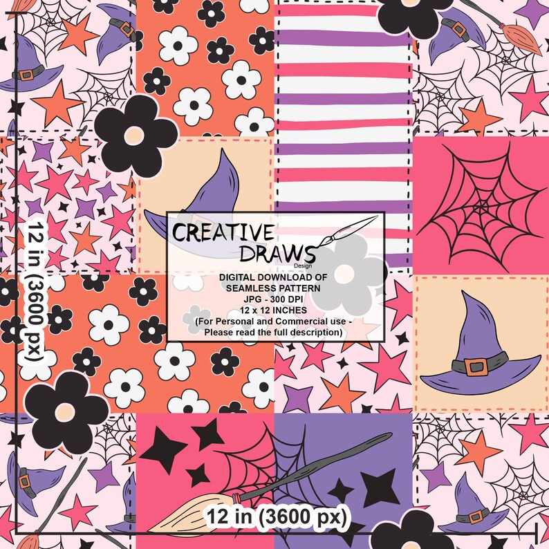 Puede incluir: Un dise&ntilde;o de patr&oacute;n digital sin costuras con un patchwork de elementos tem&aacute;ticos de Halloween. El dise&ntilde;o incluye sombreros de bruja, telara&ntilde;as, estrellas, flores y el texto "CREATIVE DRAWS Design". El patr&oacute;n mide 30,48 x 30,48 cm.