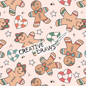 May include: A seamless pattern featuring gingerbread people, candy canes, and stars on a light pink background. The gingerbread people are decorated with icing and have smiling faces. The candy canes are red and white with green stripes. The stars are white.