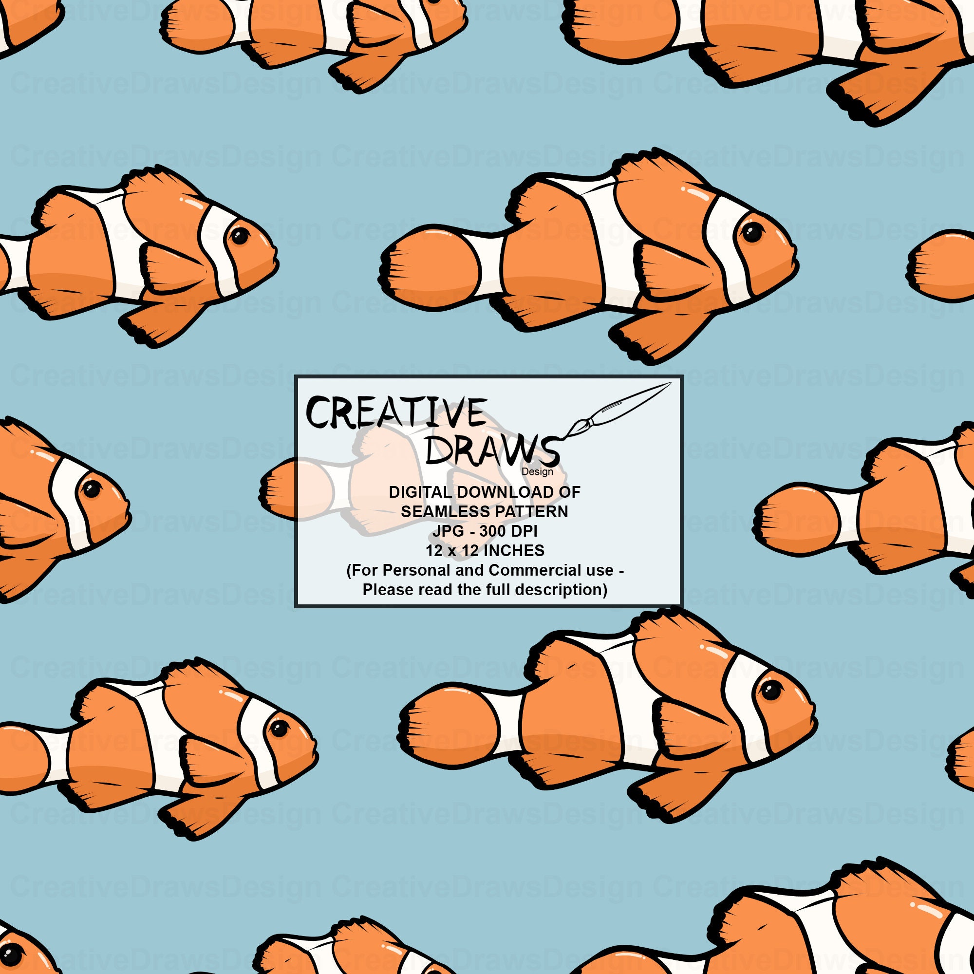 Clownfish Seamless Pattern, Digital Repeat Pattern for Personal and ...