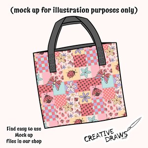 May include: A pink and white patchwork tote bag with a black handle. The bag is decorated with ladybugs, butterflies, and flowers. The text "CREATIVE DRAWS Design" is printed on the bottom right corner of the bag.