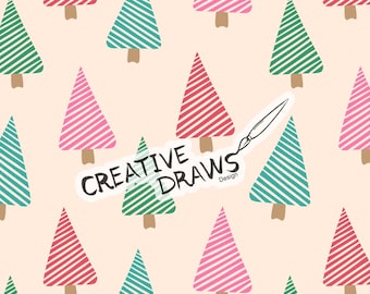 May include: A repeating pattern of stylized Christmas trees in red, green, and pink with diagonal stripes on a light peach background. The trees have brown trunks. The text "CREATIVE DRAWS Design" is overlaid on the image.