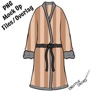 May include: A striped brown and gray robe with a black tie belt. The robe has a long sleeve and a collar.