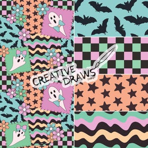 Floral Ghosts Patchwork Seamless Pattern Pack, Halloween  Digital Repeating Paper