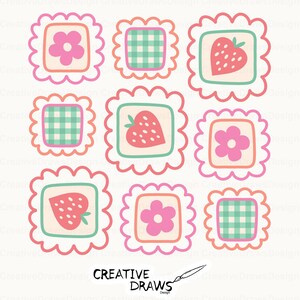 May include: Nine square illustrations with scalloped edges. Each square features a different design: a pink flower, a green and white gingham pattern, and a red strawberry. The illustrations are on a cream background. The text "CREATIVE DRAWS" is at the bottom.