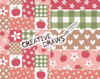 Apfel Floral Herbst Patchwork Nahtlose Muster Pack, Herbst-Wiederholung Digitales Papier Set