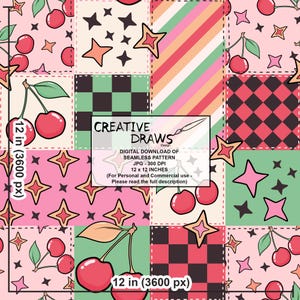Retro Kirsche Patchwork Nahtlose Muster Pack, Groovy Wiederholung Digitales Papier Bild 8