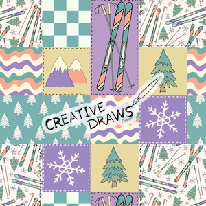Könnte beinhalten: Ein Patchwork-Design mit Wintersport- und Naturelementen. Das Design umfasst Skier, Schneeflocken, Kiefern und Bergillustrationen. Der Text "CREATIVE DRAWS Design" ist ebenfalls vorhanden. Die Farbpalette umfasst Pastelltöne in Lila, Grün und Orange.
