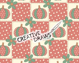 Papel digital con estampado sin costuras de lunares de calabaza, patchwork otoñal con repetición.