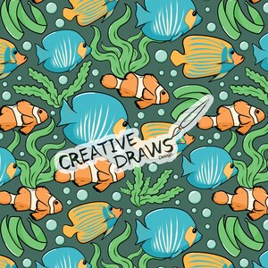 May include: A seamless pattern featuring colorful fish and seaweed on a teal background. The fish are blue, yellow, orange, and white with black outlines. The seaweed is green with a white outline. The text "CREATIVE DRAWS Design" is in the center of the pattern.