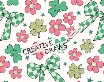 May include: A seamless pattern featuring green four-leaf clovers, pink flowers, and green and white checkered bows on a white background. The pattern is repeated throughout the image.