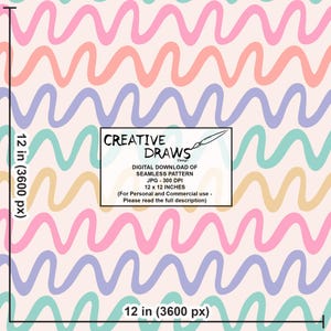 Pu&ograve; includere: Un download digitale di pattern senza cuciture con linee ondulate in rosa, arancione, viola, verde e giallo su uno sfondo rosa chiaro. Il testo "CREATIVE DRAWS Design DIGITAL DOWNLOAD OF SEAMLESS PATTERN JPG - 300 DPI 12 x 12 INCHES (For Personal and Commercial use - Please read the full description)" &egrave; in una casella bianca.