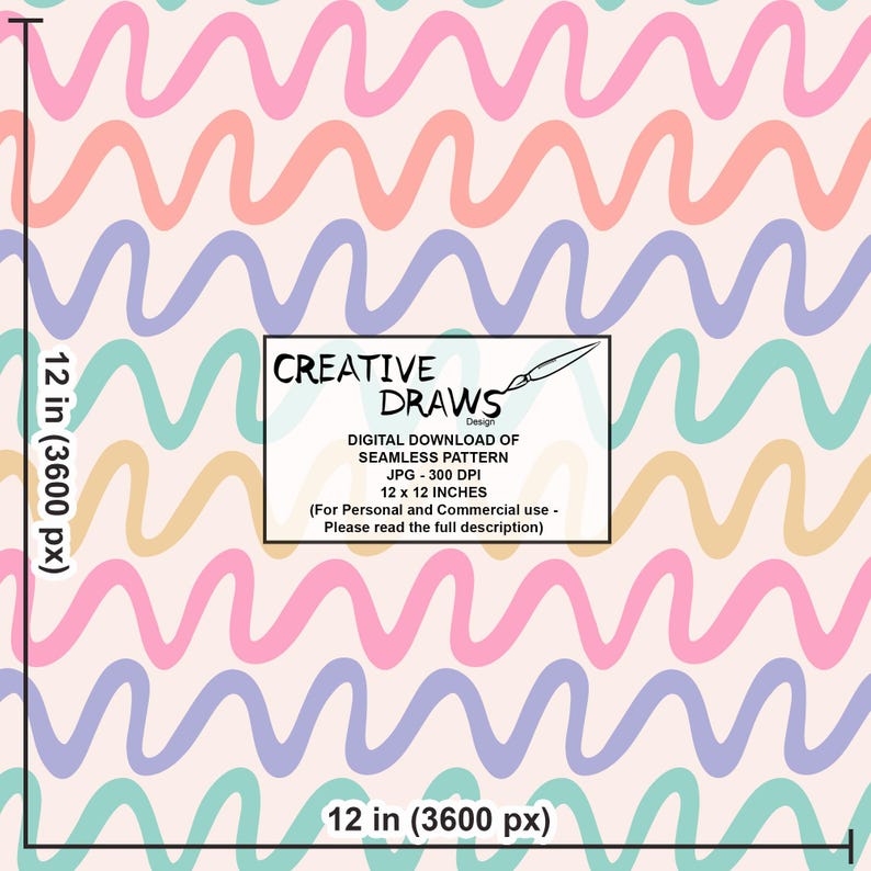 Pu&ograve; includere: Un download digitale di pattern senza cuciture con linee ondulate in rosa, arancione, viola, verde e giallo su uno sfondo rosa chiaro. Il testo "CREATIVE DRAWS Design DIGITAL DOWNLOAD OF SEAMLESS PATTERN JPG - 300 DPI 12 x 12 INCHES (For Personal and Commercial use - Please read the full description)" &egrave; in una casella bianca.