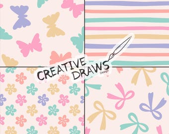 Conjunto de patrones sin costuras de lazos en tonos pastel, paquete de papel digital con repetición de mariposas