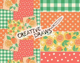 Orange Patchwork Seamless Pattern Pack, Citrus Fruit Repeat Digital Paper