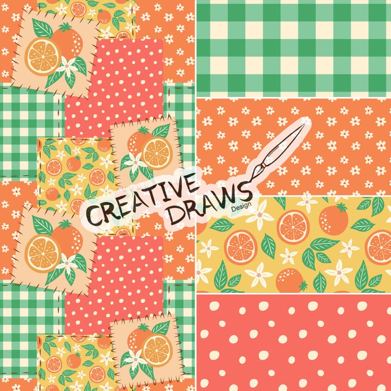 May include: A patchwork design featuring various patterns, including orange slices, white flowers, and green gingham. The design incorporates orange, green, and coral colors. The text "CREATIVE DRAWS Design" is also present.