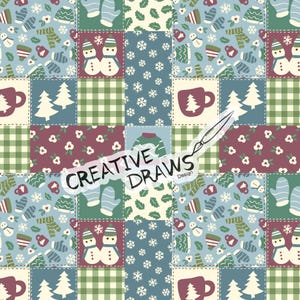 Cozy Winter Patchwork Seamless Pattern, Snow Repeat Digital Paper