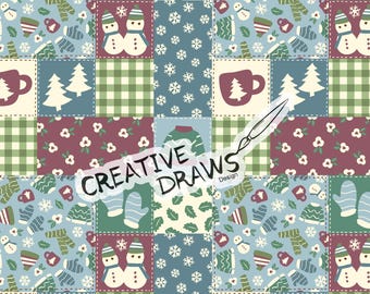 Papel digital con estampado de patchwork invernal acogedor y diseño repetitivo de nieve.