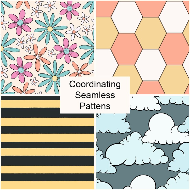 Op de afbeelding: Vier co&ouml;rdinerende naadloze patronen worden getoond. Deze omvatten bloemmotieven met roze, blauwe en oranje bloemen, een geometrisch honingraatpatroon, zwart-gele strepen en een wolkenpatroon. De tekst "Coordinating Seamless Patterns" staat in het midden.