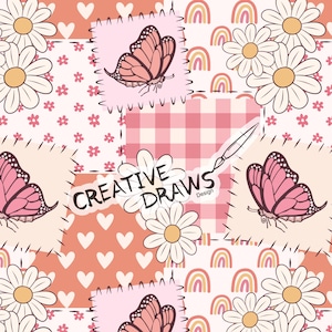 May include: A patchwork pattern featuring pink butterflies, daisies, hearts, and rainbows. The text "CREATIVE DRAWS Design" is in the centre of the pattern.