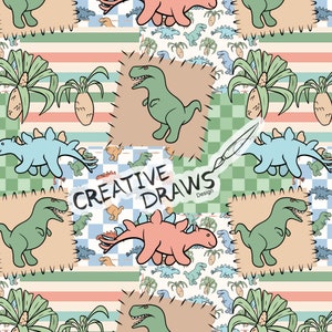 Dinosaur Patchwork Seamless Pattern, Repeat Digital Paper Pattern for Personal and Commercial use