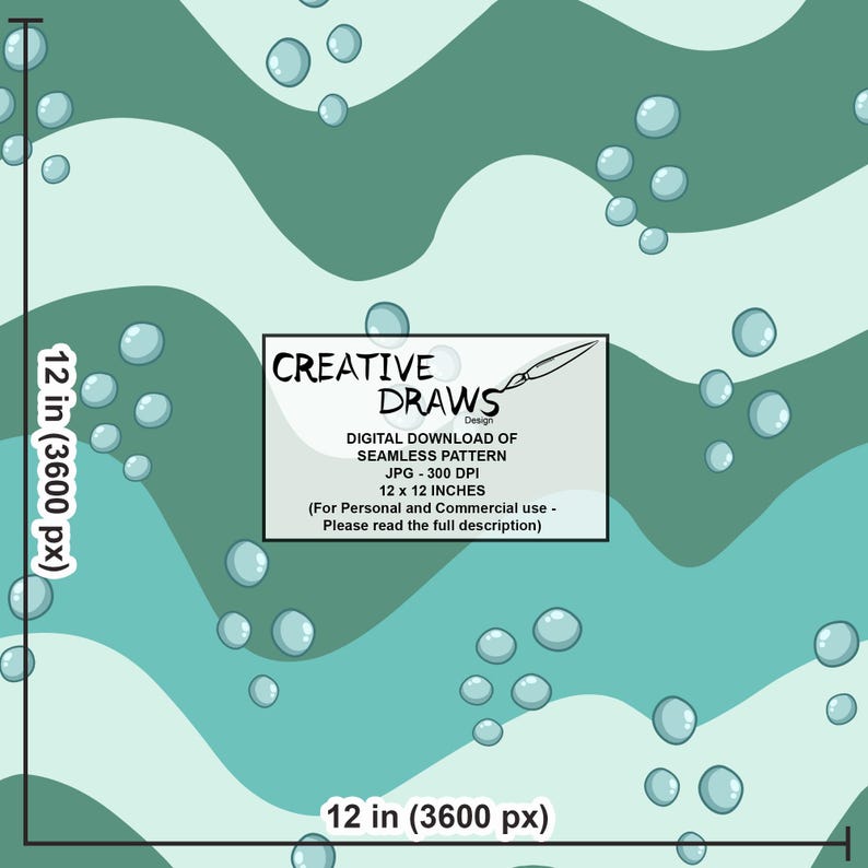 May include: Digital download of a seamless pattern. The design features a wavy pattern in shades of teal and green, with scattered bubbles. The image is 30.48 x 30.48 cm.