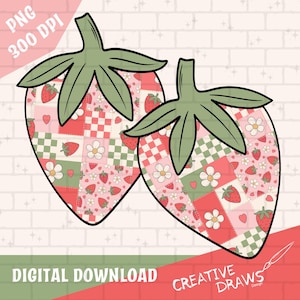 May include: Two red strawberries with green leaves and a patchwork pattern of pink, green, white, and red squares. The strawberries are on a white brick background.