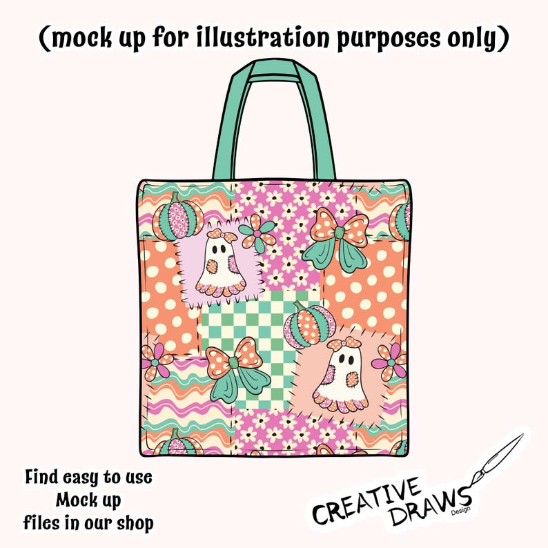 Op de afbeelding: Een draagtas met groenblauwe hengsels voorzien van een patchworkpatroon van spoken, pompoenen, strikken, bloemen, stippen en golvende lijnen in roze, oranje en groenblauw. De tekst luidt: (mock up for illustration purposes only) Find easy to use Mock up files in our shop CREATIVE DRAWS Design.