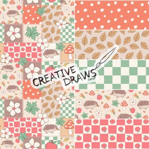 Paquete de patrones sin costuras de patchwork de erizos para otoño, conjunto de papeles digitales con estampado repetitivo de lunares para otoño