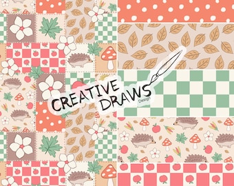 Igel Herbst Patchwork Nahtlose Muster Pack, Polka Dot Herbst Wiederholung Digitales Papier Set
