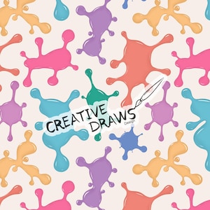 May include: A seamless pattern featuring colourful paint splatters in various shades of pink, blue, green, purple, and orange. The text "CREATIVE DRAWS Design" is written in black on a white background.