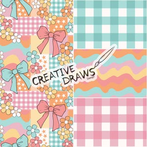 May include: A digital design featuring a patchwork pattern with bows, flowers, and stars in pastel colors. The design includes gingham and wavy patterns, with the text "CREATIVE DRAWS Design".