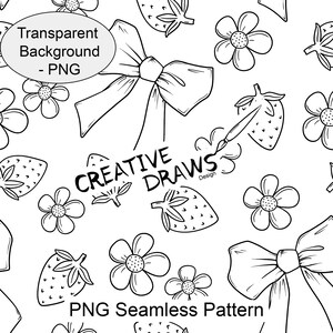 May include: Black and white seamless pattern featuring strawberries, bows, and flowers. The text "Creative Draws Design" is included in the pattern.