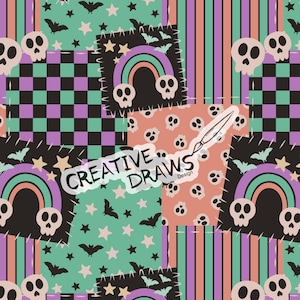 May include: A patchwork design featuring skulls, rainbows, bats, and stars in a repeating pattern. The design incorporates checkerboard, striped, and dotted sections in shades of black, teal, purple, and peach. The text "CREATIVE DRAWS Design" is also included.