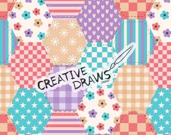 Blumen Patchwork Nahtloses Muster, Hexagon Quilt Nahtlose Datei Digitaler Download