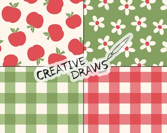 Conjunto de patrones sin costuras de manzana, paquete de papel digital con estampado floral a cuadros repetitivo