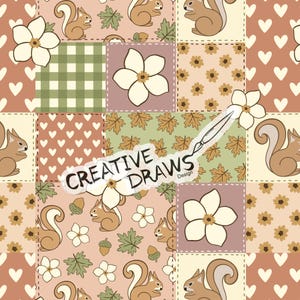 May include: A patchwork design featuring squirrels, flowers, leaves, and hearts in a repeating pattern. The design incorporates squares of various colors and patterns, including a gingham print. The text "CREATIVE DRAWS Design" is also present.