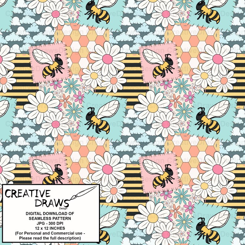 Op de afbeelding: Een digitaal naadloos patroon met bijen, madeliefjes en honingraatontwerpen. Het patroon bevat vlakken in lichtblauw, roze en geel, met zwart-witte streepaccenten. De afbeelding bevat ook de tekst "CREATIVE DRAWS DESIGN".