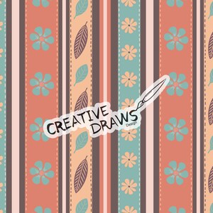 May include: A seamless pattern with vertical stripes in shades of brown, peach, and teal. The stripes are decorated with stylized flowers and leaves. The text "CREATIVE DRAWS Design" is written in a white circle.