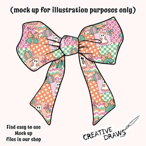 Op de afbeelding: Een decoratieve strik met een patchworkpatroon van geesten, pompoenen, bloemen, stippen en geblokte vierkanten in tinten oranje, roze, taling en wit. De tekst luidt (mock up for illustration purposes only) en Find easy to use Mock up files in our shop, met het logo CREATIVE DRAWS Design.