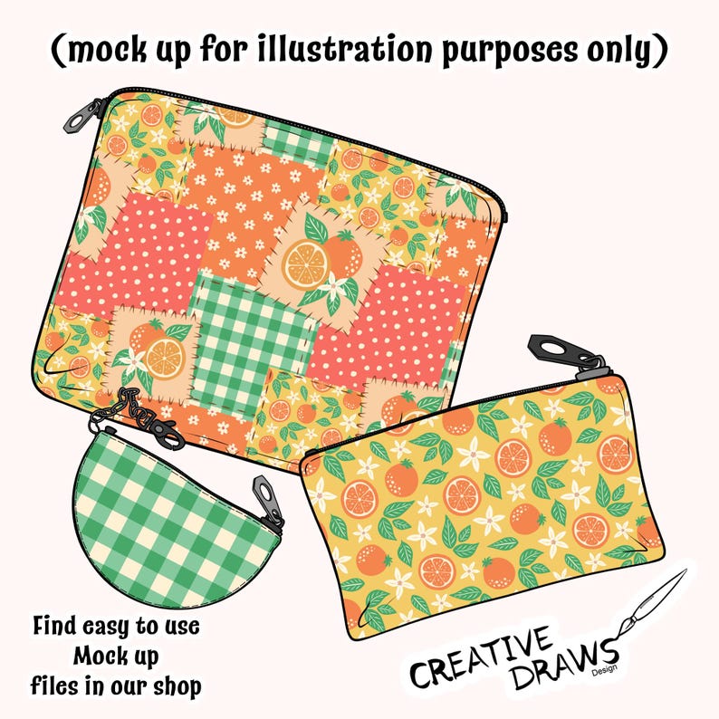May include: Three zippered pouches with orange and floral patterns. The largest pouch has a patchwork design with orange slices and green gingham. The smallest pouch is green gingham. The text "(mock up for illustration purposes only)" is at the top.