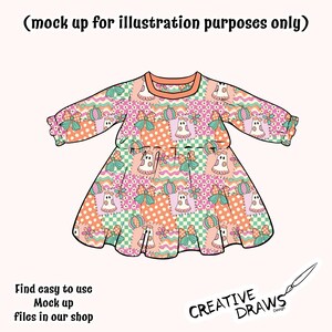 Op de afbeelding: Een jurk met lange mouwen, een perzikkleurige halslijn en een patchworkpatroon met spoken, pompoenen, strikken, bloemen, stippen en geblokte vierkanten. De tekst bovenaan luidt (mock up for illustration purposes only) en linksonder Find easy to use Mock up files in our shop, met het Creative Draws Design logo rechtsonder.