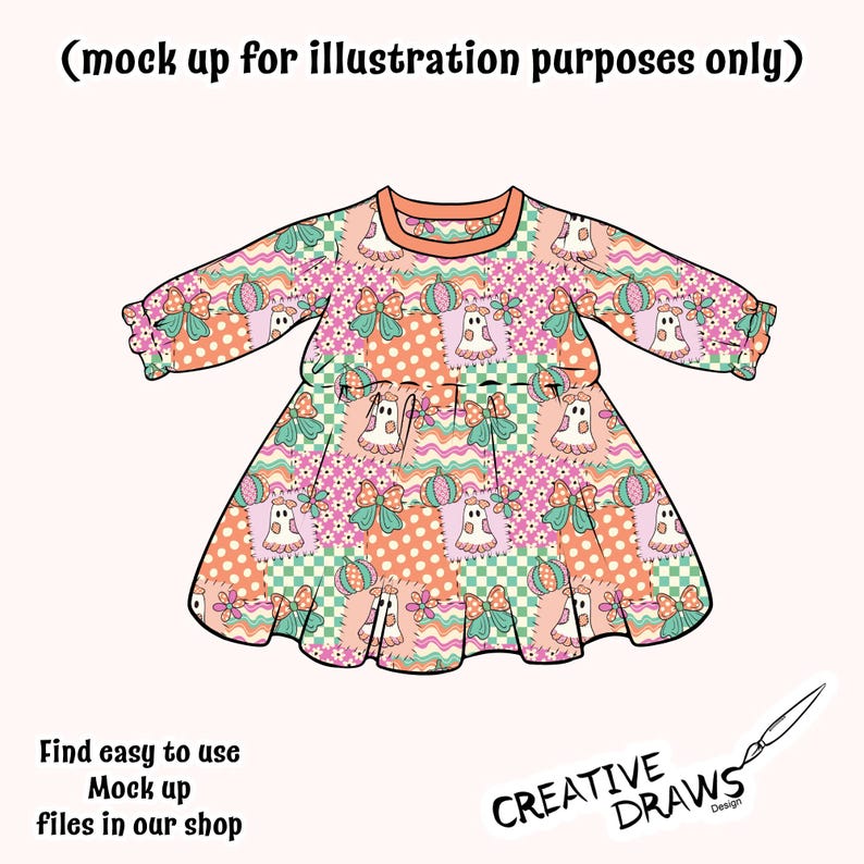 Op de afbeelding: Een jurk met lange mouwen, een perzikkleurige halslijn en een patchworkpatroon met spoken, pompoenen, strikken, bloemen, stippen en geblokte vierkanten. De tekst bovenaan luidt (mock up for illustration purposes only) en linksonder Find easy to use Mock up files in our shop, met het Creative Draws Design logo rechtsonder.