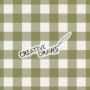 Può includere: Uno sfondo a quadri verdi e bianchi con un adesivo bianco che dice "Creative Draws Design" e un disegno di un pennello.