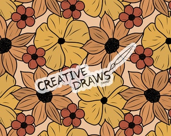 May include: A seamless pattern featuring stylized flowers in shades of brown, orange, and yellow. The flowers are arranged in a repeating pattern on a light peach background. The text "CREATIVE DRAWS Design" is visible in the center of the image.